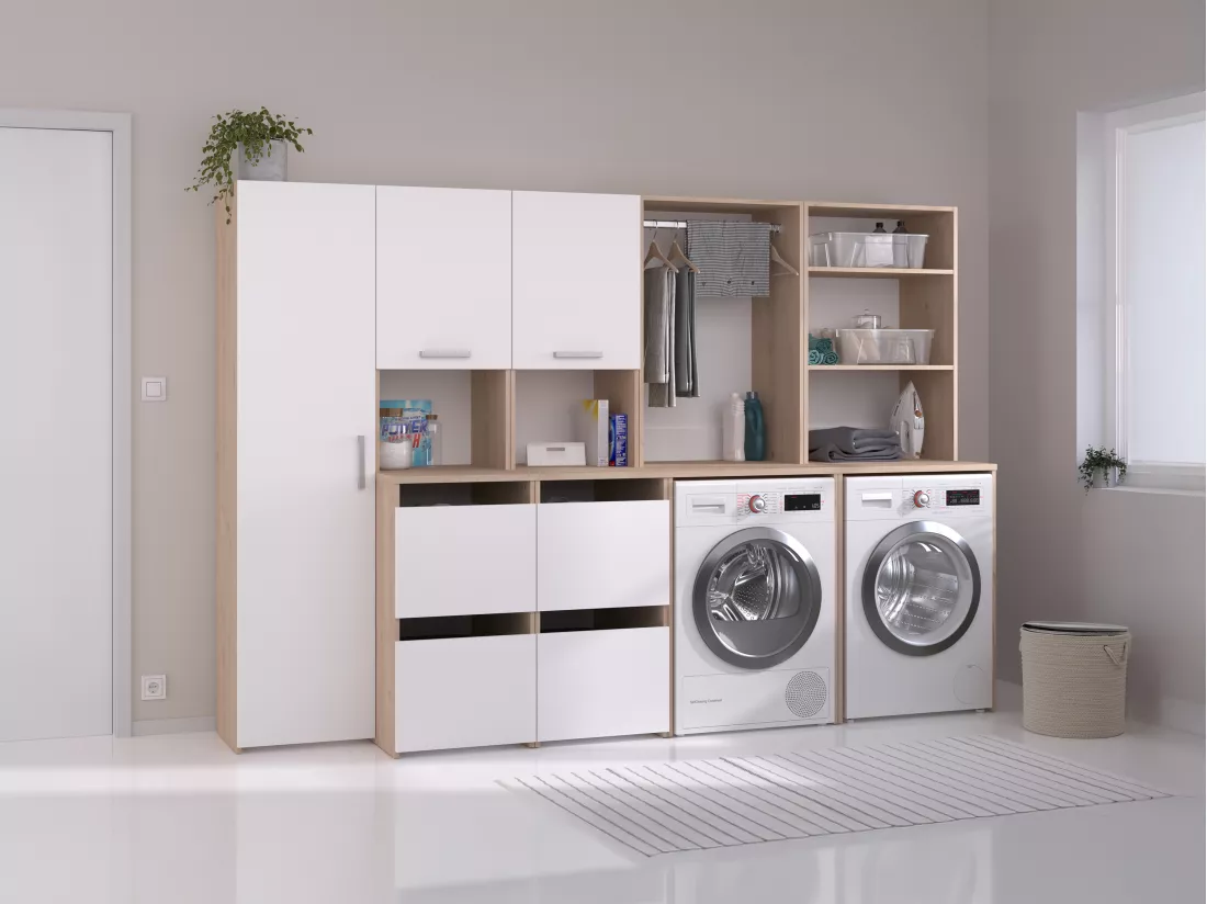 Meuble pour 2 machines à laver avec étagères, penderie, placard et colonne - Naturel clair et blanc - L269 x H184 cm - ERKANO