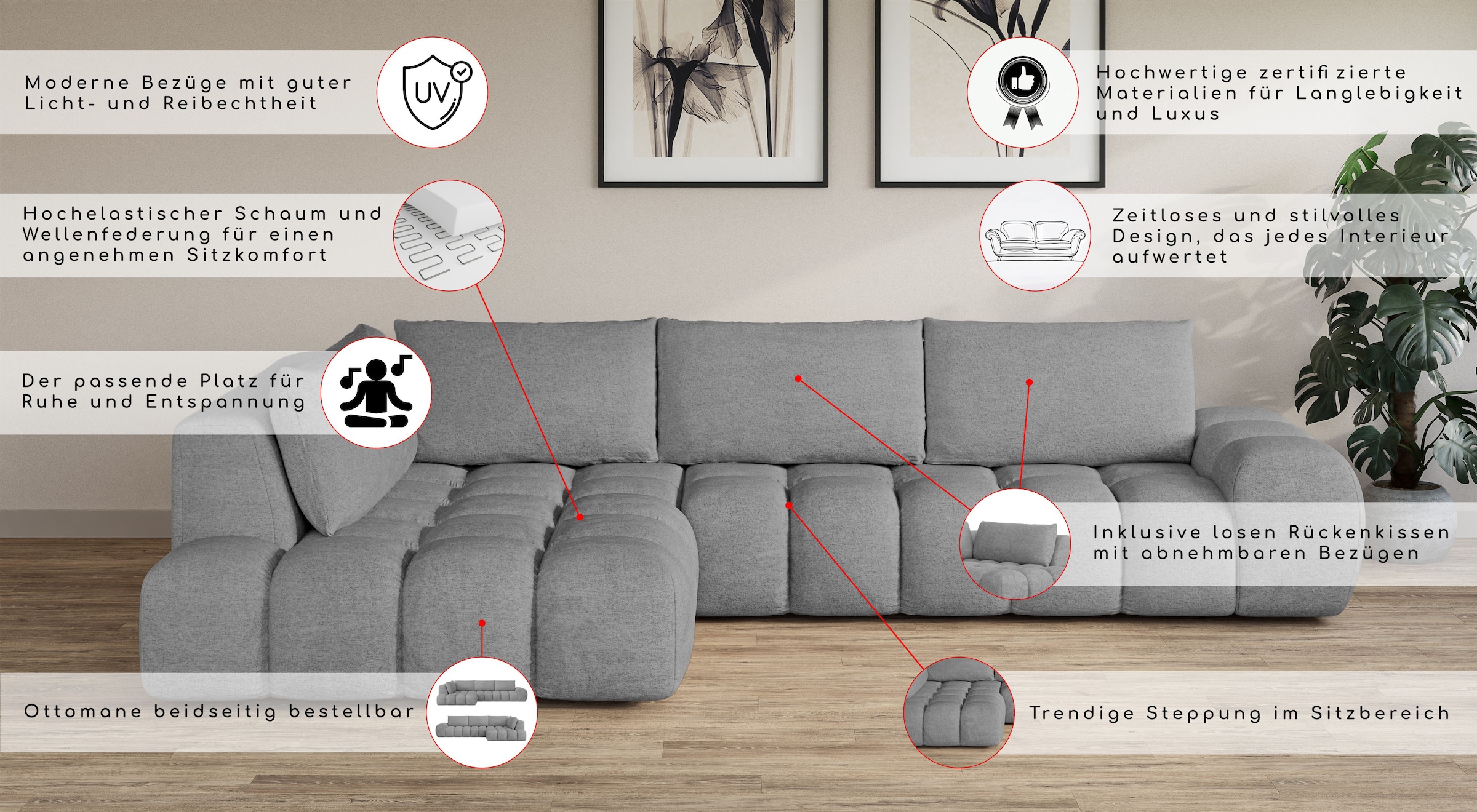GOODproduct Ecksofa »AZITA Designsofa, elegant und bequem L-Form, Bubble-Optik« lose Rückenkissen, traumhafte Steppung, Masse B/T/H: 352/210/72 cm