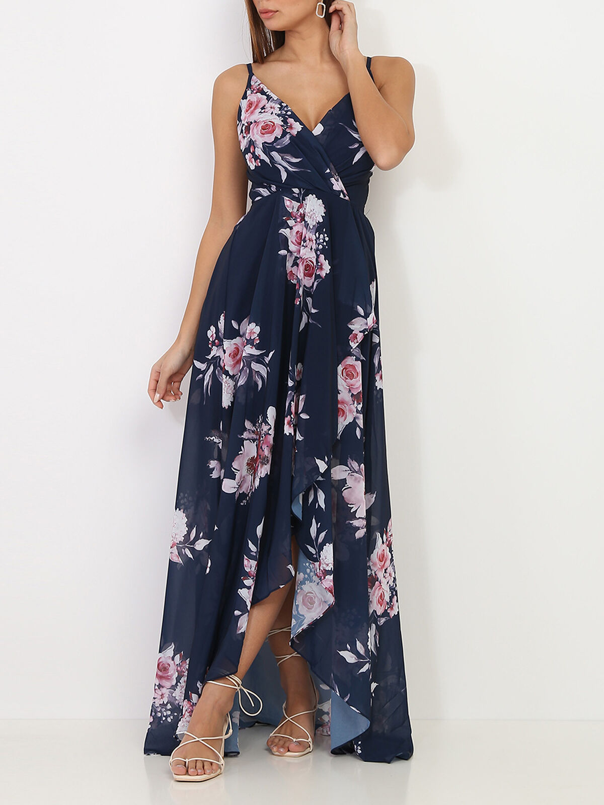 Robe longue fendue à fleurs romantiques- Bleu marine