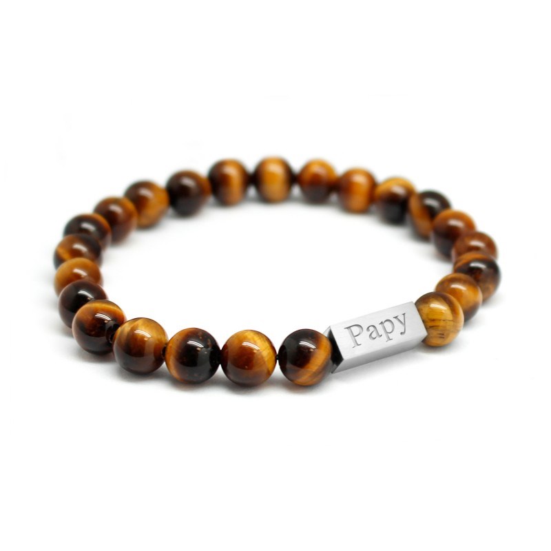 Bracelet perles oeil de tigre homme - gravure PAPY
