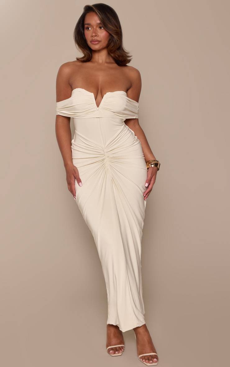 Neutral Beige Robe Maxi Moulante À Encolure Bandeau En V Avec Fronces