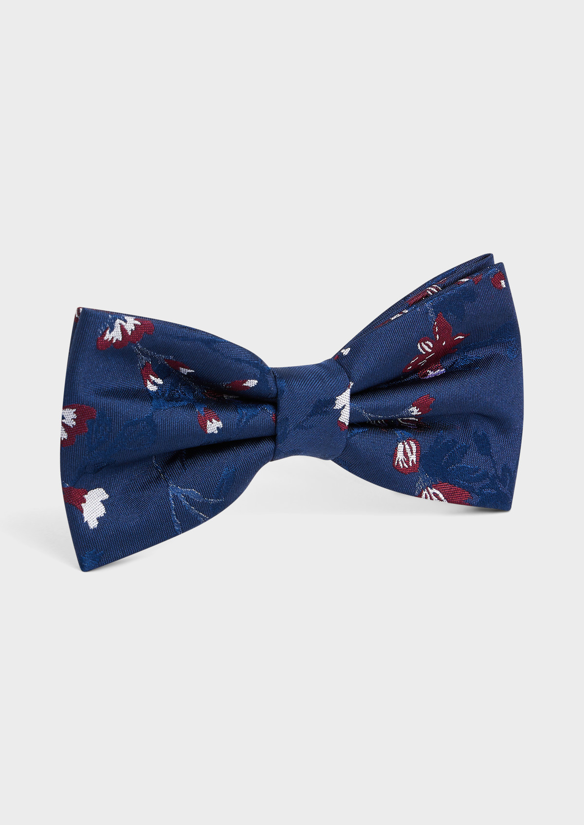 Noeud-papillon en soie bleu cobalt à motif fleuri rouge et blanc