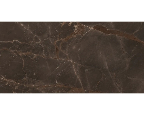 Porseleinen steengoed wand- en vloertegel, travertin bruin, glanzend, 60 x 120 x 0,7 cm, gerectificeerd
