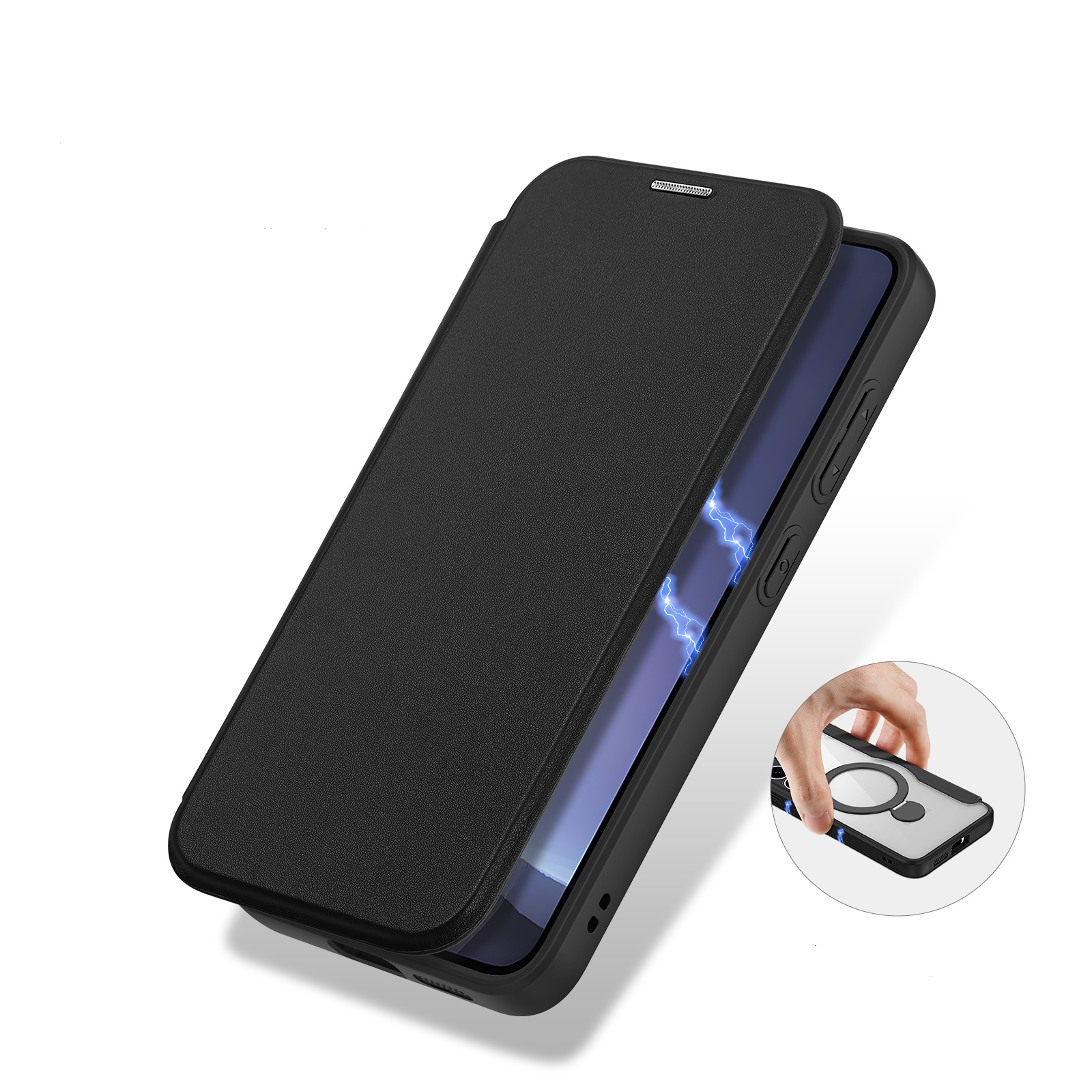 Samsung Galaxy S25 Hybrid Leder Tasche Kickstand Aufsteller   Kunststoff Rückseite MagSafe-Modul - Schwarz / Transparent