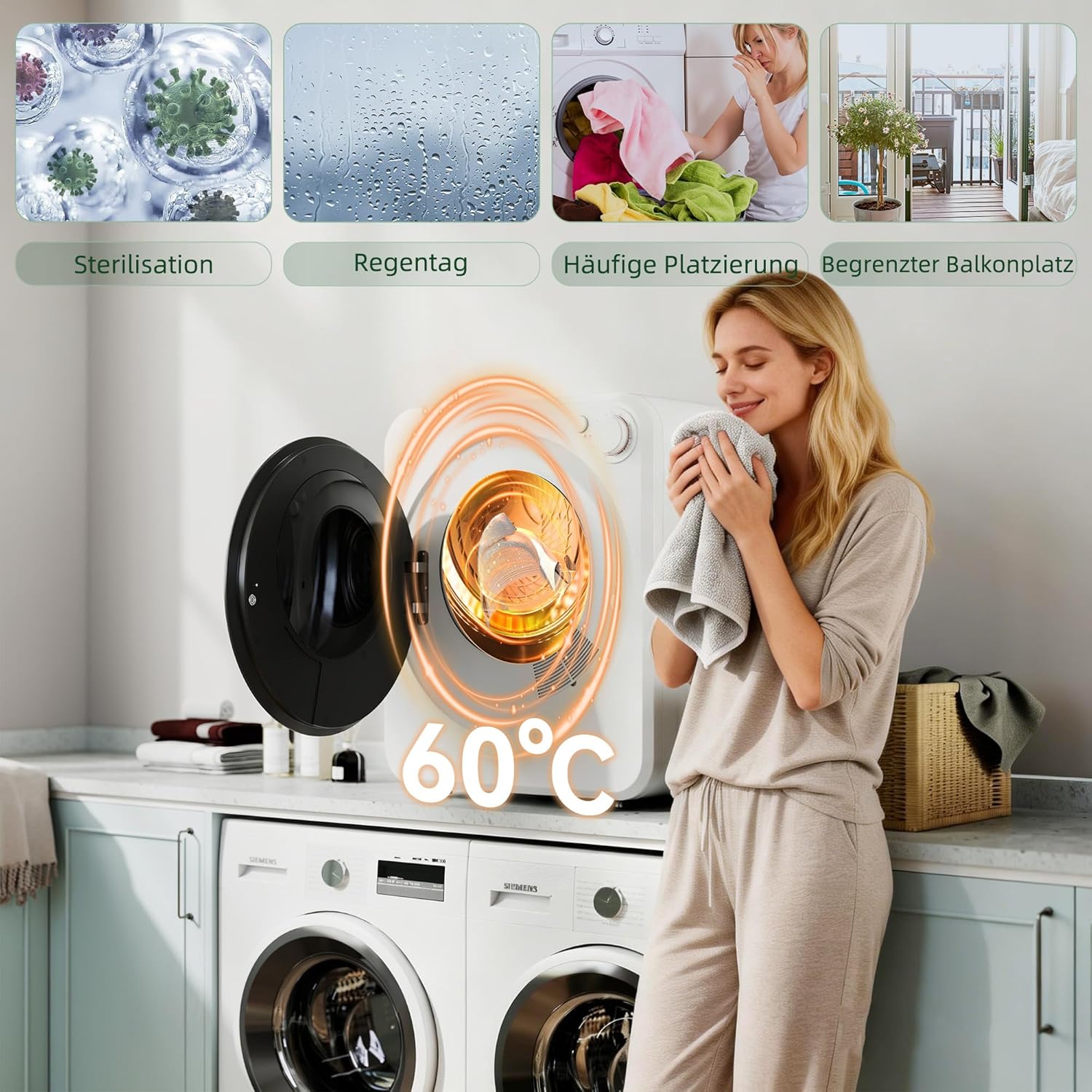 HOMCOM Mini Wäschetrockner 4 kg mit 5 Programme bis zu 60℃ 800W/400W Freistehend Wandmontierbar Ablufttrockner mit reversibel Edelstahltrommel Trockner für Kleidung Wohnmobile Wohnheime Zuhause Weiß