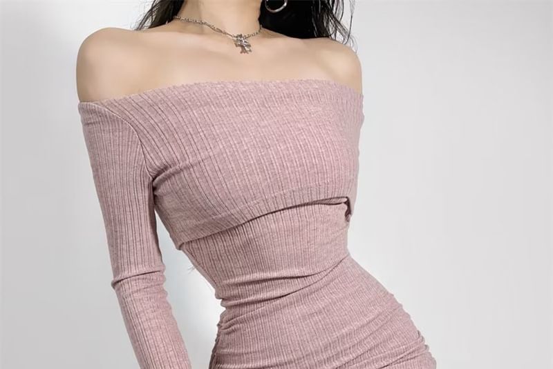 Haneliz - Lange mouw off-shoulder effen mini gebreide manteljurk met trekkoord