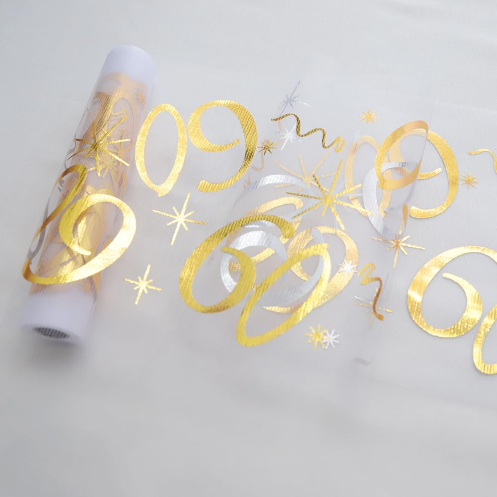 (28x275cm) Happy Birthday Tischläufer 60. Geburtstags Party Deko Zuschneidbares Tischtuch - Transparent / Gold