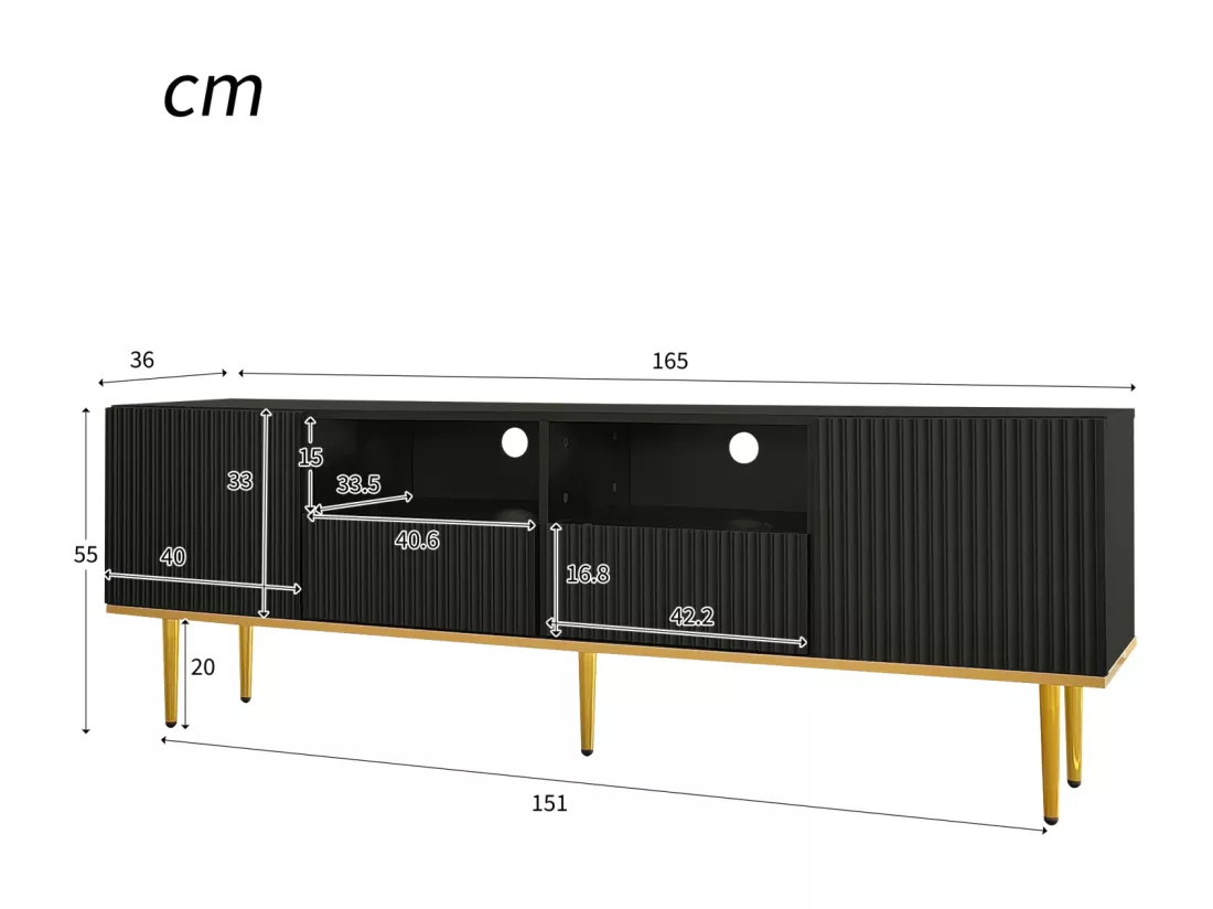 Meuble TV 165x36x55cm, avec 2 portes, 2 tiroirs et 2 compartiments, pieds dorés et bord doré, Noir