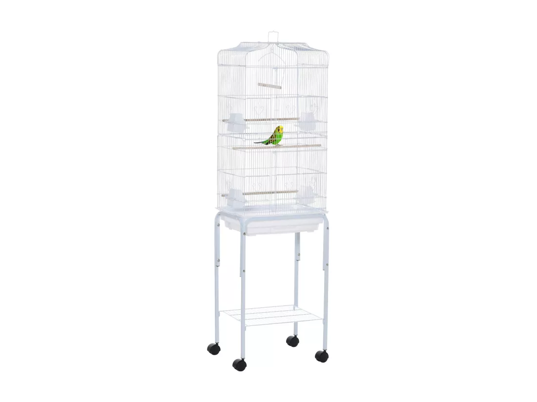 PawHut Cage à oiseaux sur pied volière oiseaux sur roulettes avec toit ouvrant 3 perchoirs étagère inférieure 46,5 x 36 x 157 cm