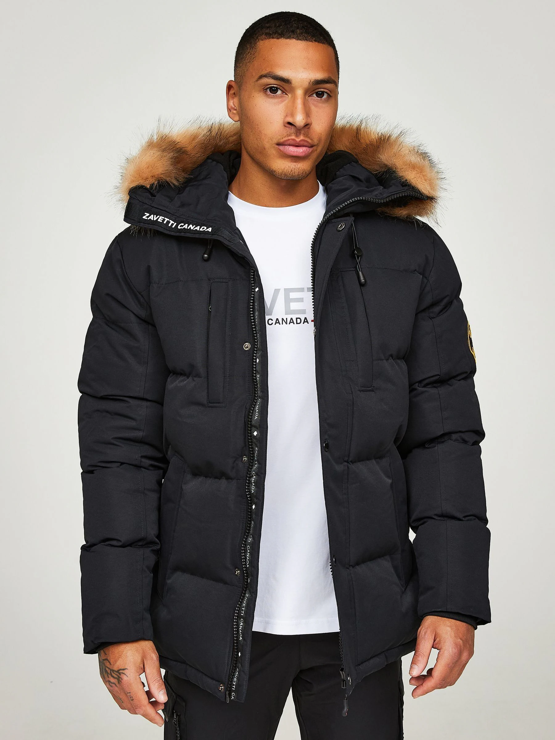 Zwart - Zavetti Canada Oshawa 2.0 voor heren Puffer parka-jas met afneembare imitatiebontkraag