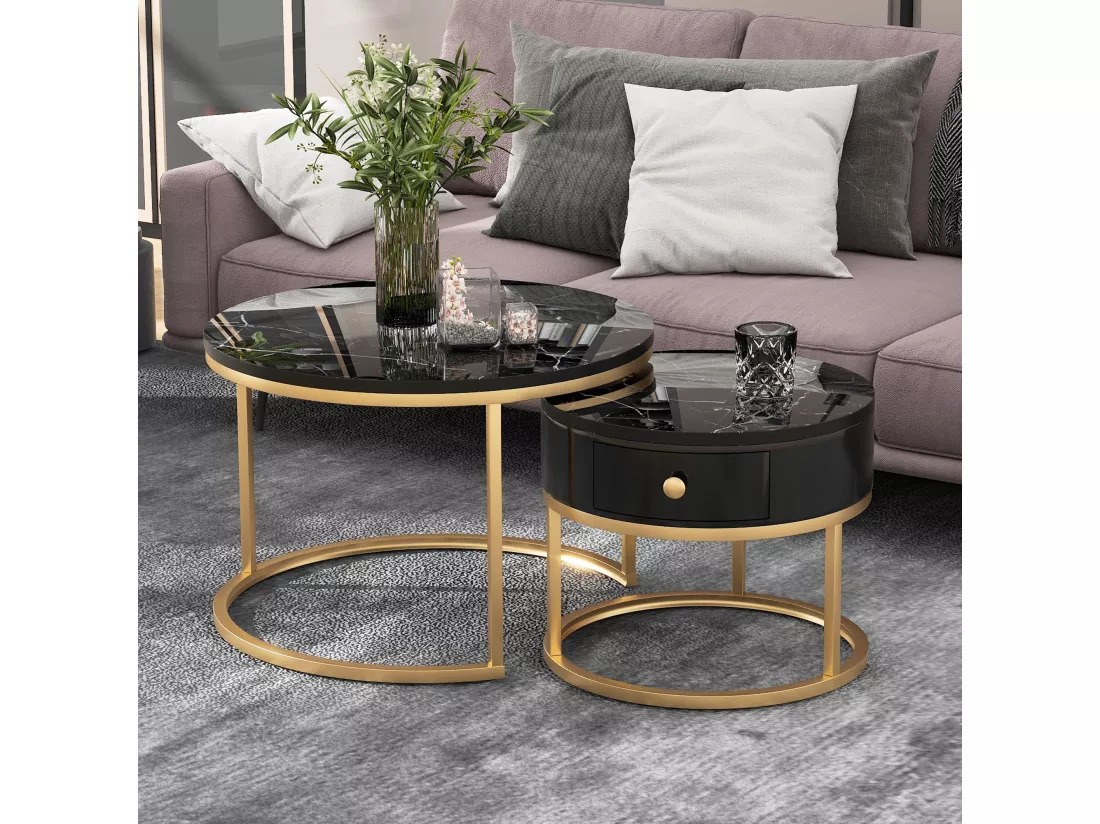 Lot de 2 tables basses rondes gigognes avec 1 tiroir moderne motif marbre brillant - bois MDF et métal doré - Noir