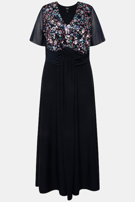 Abendkleid, Pailletten, drapiert, V-Ausschnitt, Halbarm