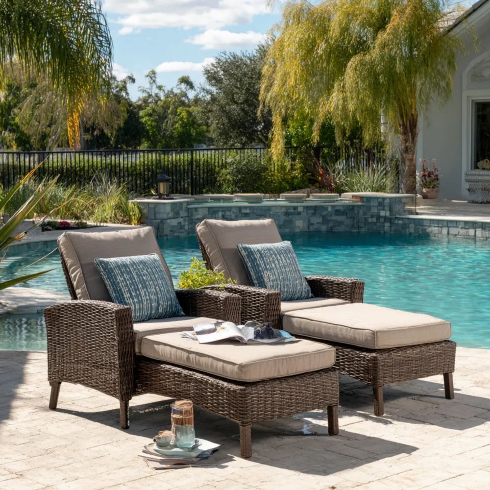 Gartenliegen Set - Rattan 200x70x35 cm – Braun/Beige – Komfort Design