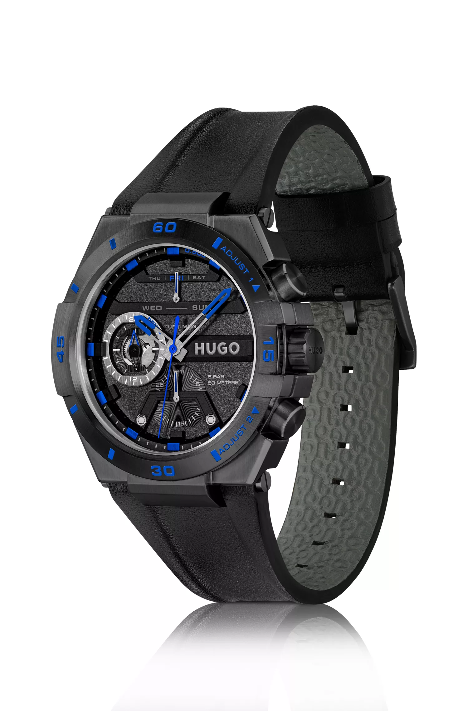 Relógio HUGO com revestimento em vermelho e preto e pulseira de couro.