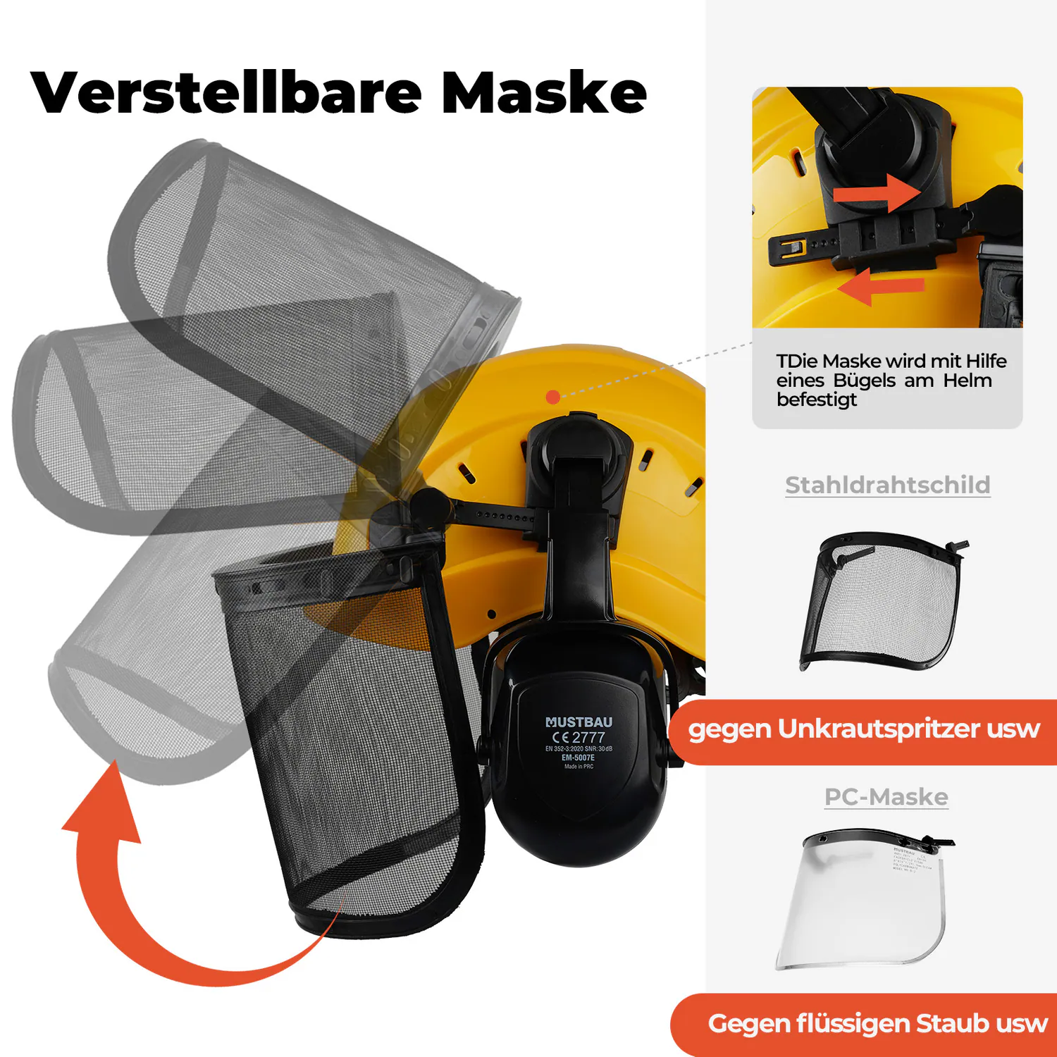 MUSTBAU Sicherheitshelm Schutzhelm Set -EN397 mit Ohrschützern und Netzvisier - Verstellbarer Kopfbügel von 53 bis 63 cm - Ideal für Forstwirtschaft, Baustellen und Dienstleistungen