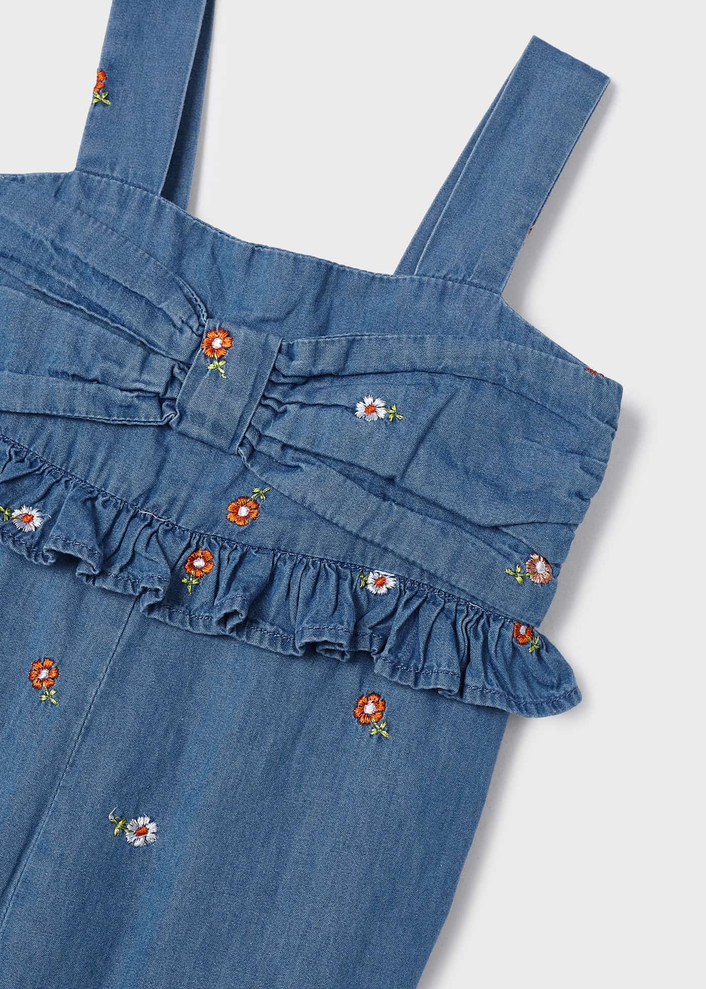 Macacão jeans com bordados em algodão para meninas