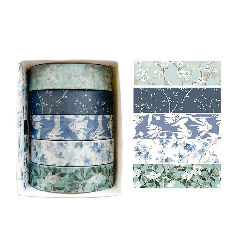 (5er Set) Blumen Washi Tape Deko Klebeband Bastel Masking Tape - Grau / Blau / Grün