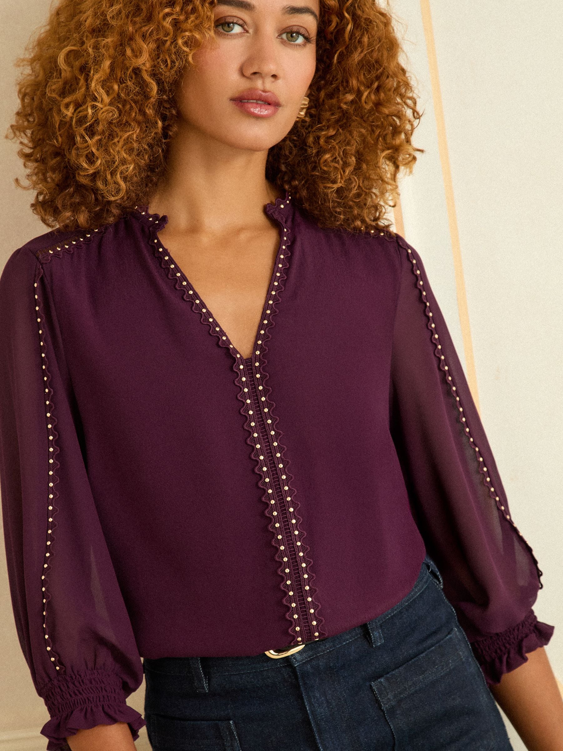 Paars - Love & Roses blouse met V-hals en hardware met 3/4 mouwen
