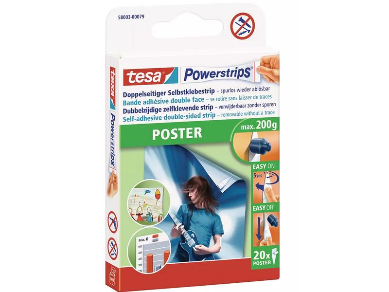 tesa Klebestreifen -Set Powerstrips Poster, 3x 20 Stück Doppelseitige Klebestreifen für Poster und Plakate bis zu 200 g