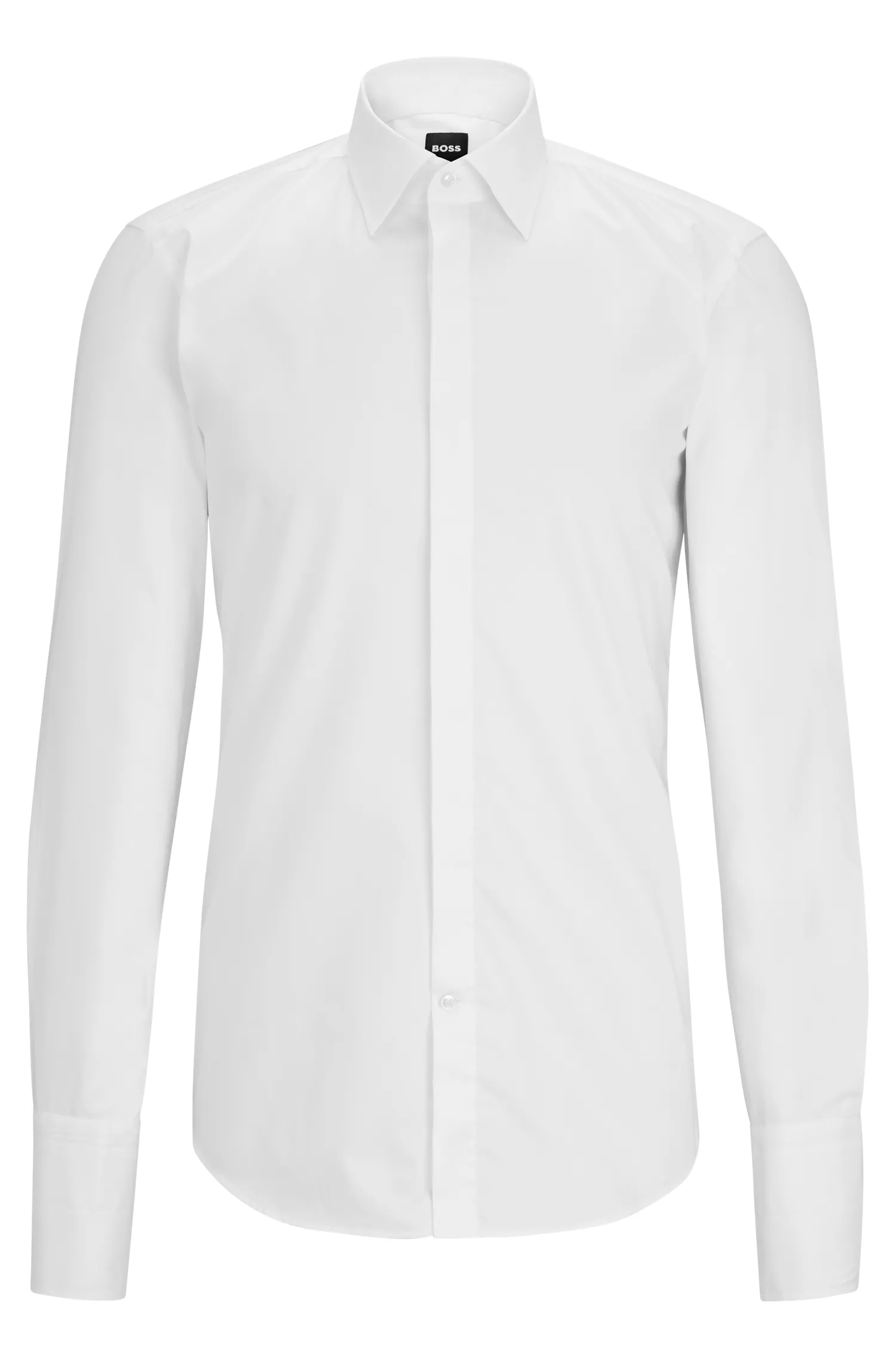 Camisa social BOSS preta, corte slim, em algodão elástico de fácil de passar.