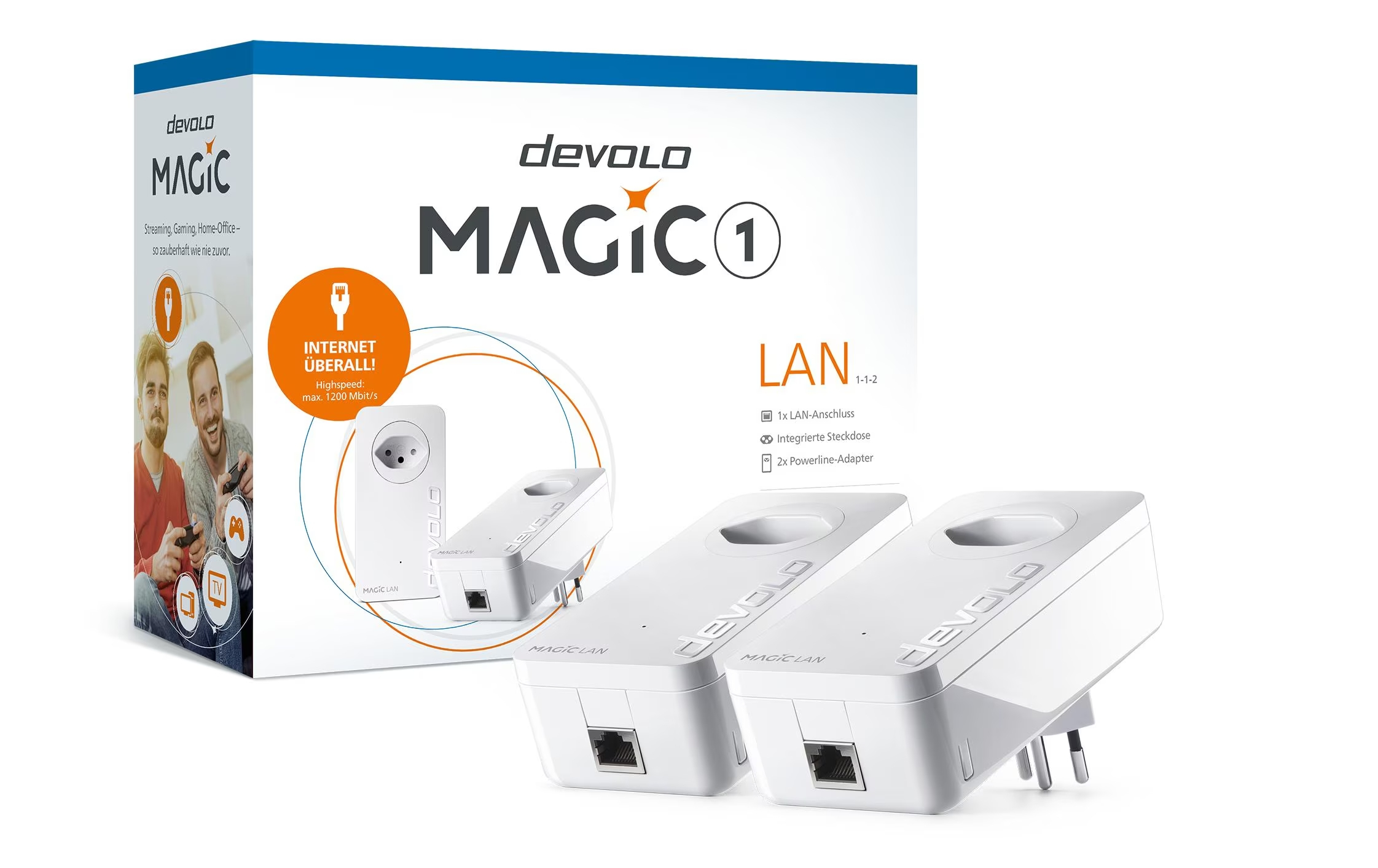 (2er Set) (1200Mbit/s) Magic 1 LAN 1-1-2 Gigabit Netzwerk Erweiterung Powerline Adapter mit Steckdose und RJ45 (8298) - Weiss