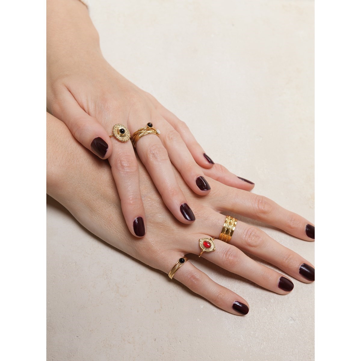 Bague ajustable pierres naturelles Cornaline raffinée dorée à  l'or fin 24K TORSADÉE