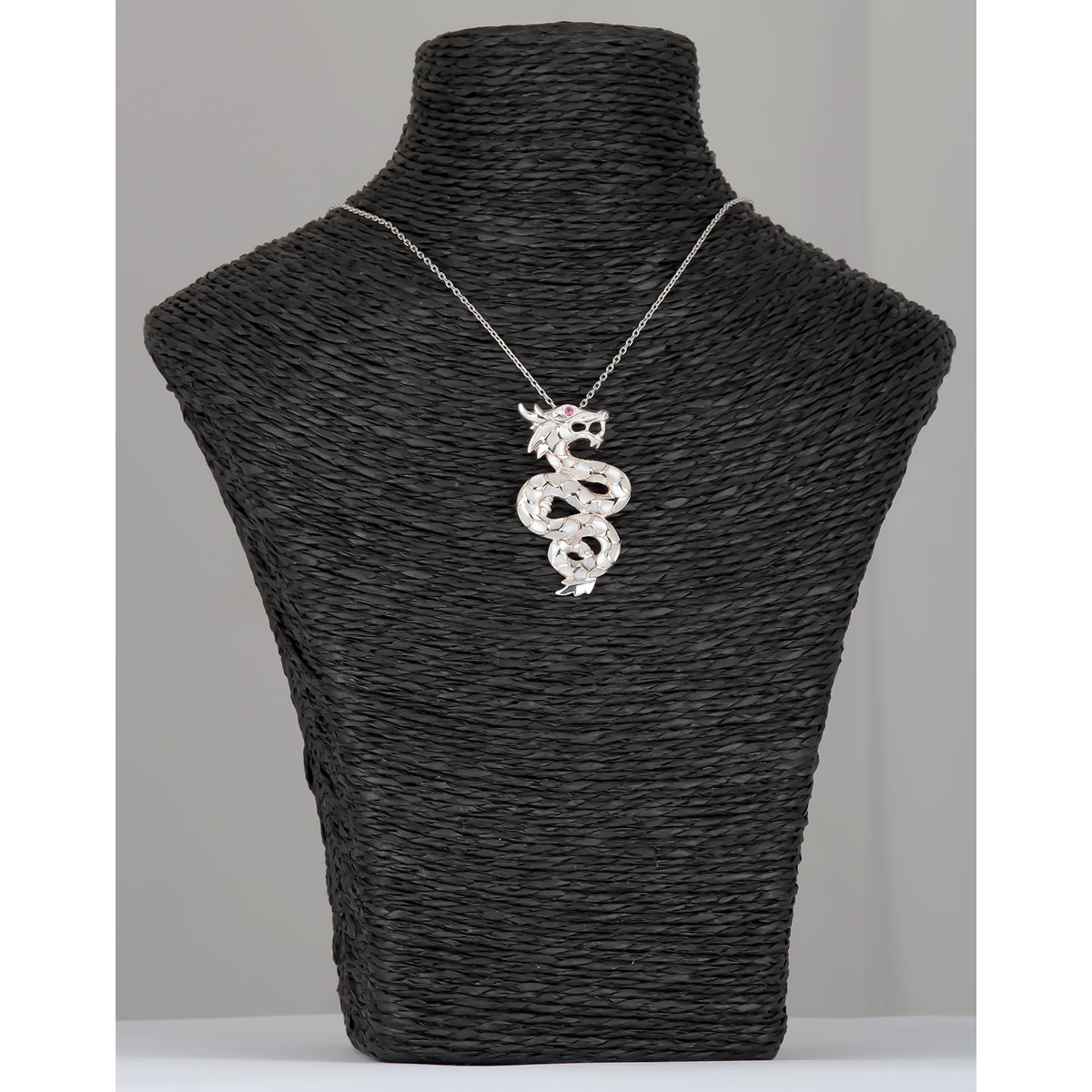 Pendentif Dragon - Argent Massif, Nacre Blanche, Zirconium Rouge - Bijou Unique