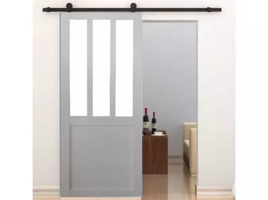 Porte Coulissante Atelier Blanc Vitre Depoli H204 X L83 + Rail A Roulettes Noir Gd Menuiseries