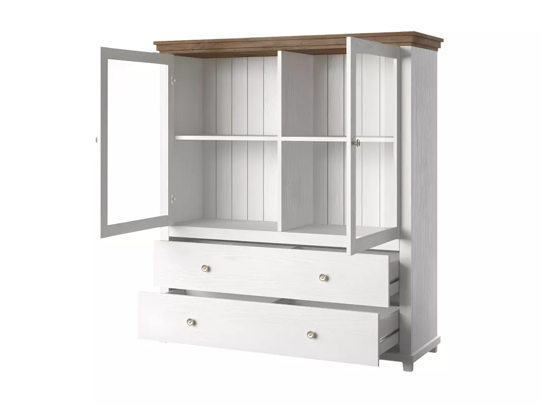 Vaisselier avec LED intégrées collection ASSIA. Coloris frêne blanc et chêne. 2 Portes et 2 Tiroirs
