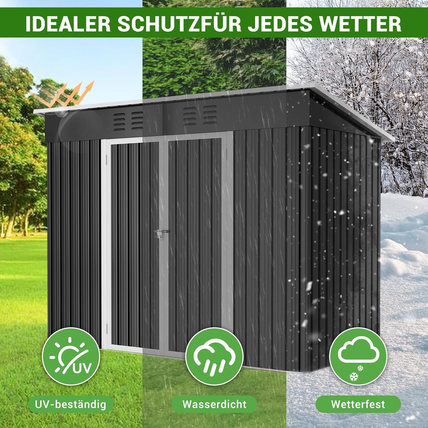 Amopatio Gerätehaus, Gartenhaus mit Pultdach, Geräteschuppen 228x109x182 cm (BxTxH), Gartenhaus Metall mit Tür, Verzinkte Gartenhülle Metall-Schuppen mit Fundamentrahmen, Schwarz