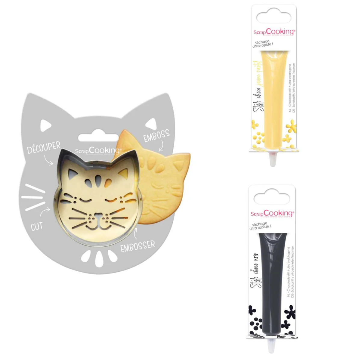 Kit pour biscuit en relief Chat + 2 Stylos au chocolat jaune pastel et