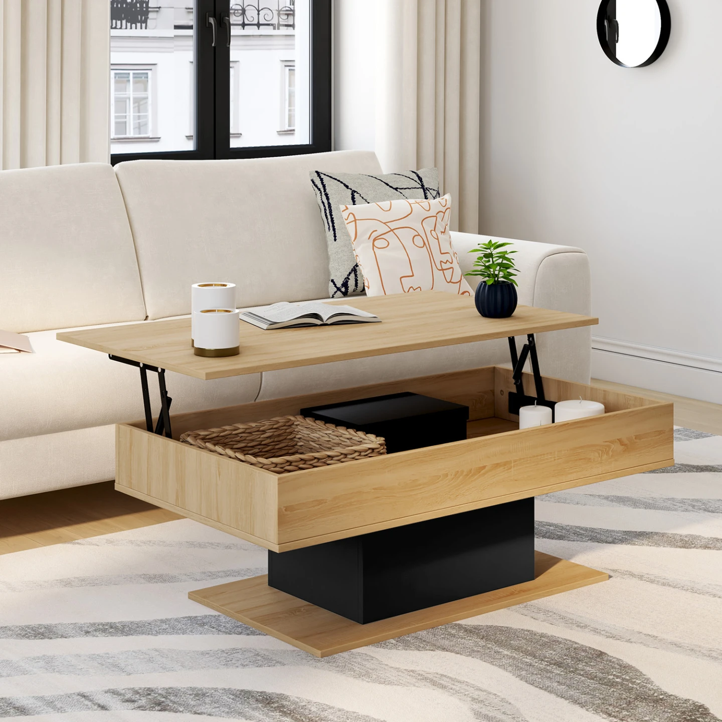 Table basse plateau relevable rectangulaire EDEN bois et noir