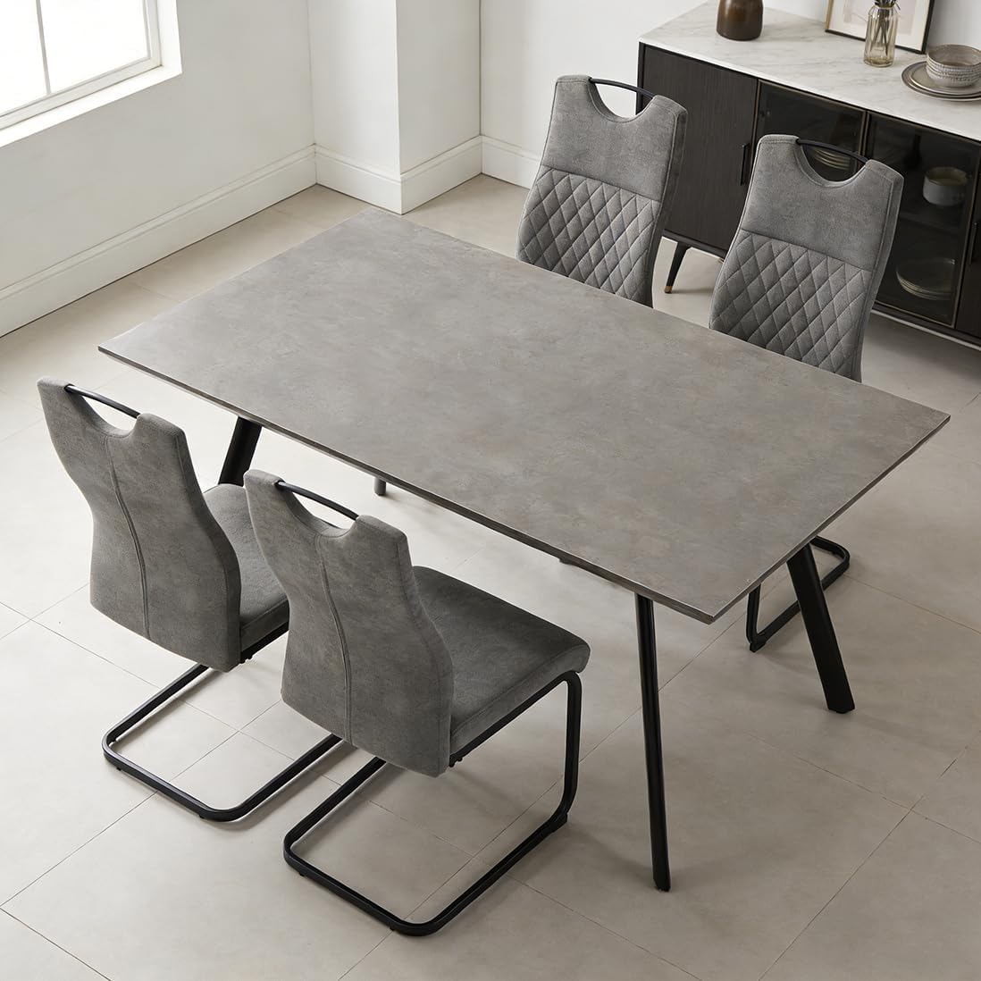 JIEXI Moderner Esstisch Set mit 4 gepolsterten Stühlen Grau 120cm Küchentisch Industriestil Metallgestell Melaminplatten 5-teiliges Set