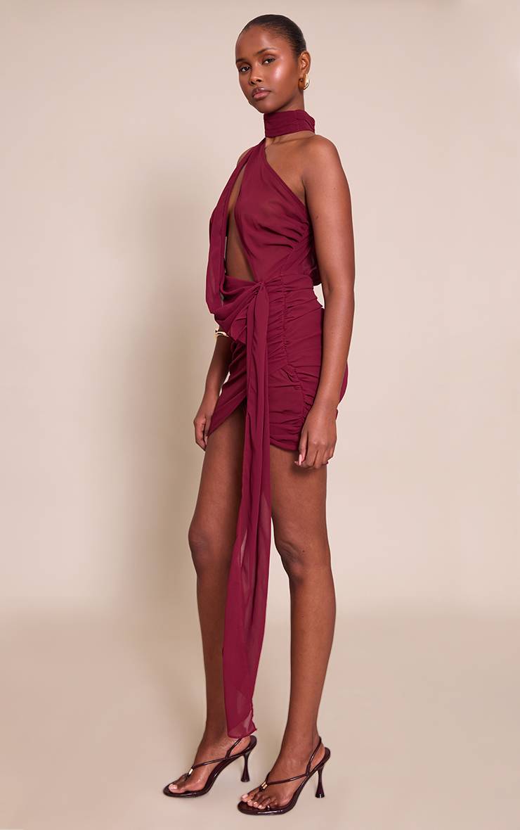 Prune Robe Moulante Drapée Asymétrique En Mousseline Transparente Avec Détails Froncés