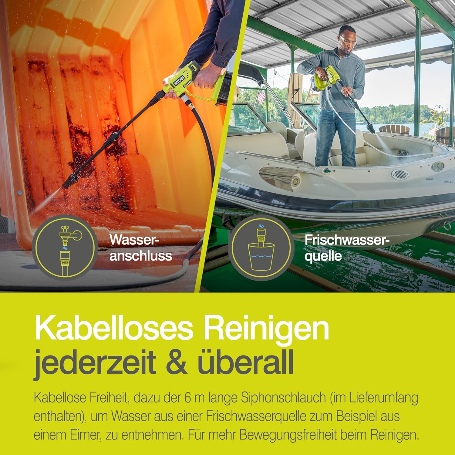 RYOBI 18 V ONE+ Akku-Mitteldruckreiniger RY18PW22A-125 (Reinigen von Fahrzeugen/Oberflächen, max. Druck 22bar, Fördermenge 182 l/h, 3-in-1 Düse, inkl. 6m Schlauch, 1x2,5Ah Akku & Ladegerät, im Karton)