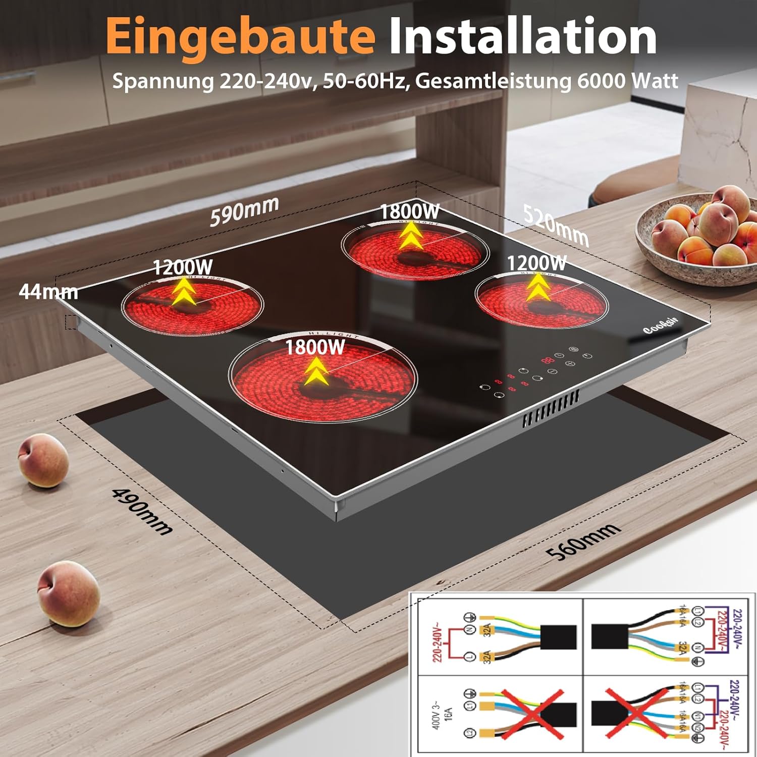 Glaskeramikkochfeld 4 Platten mit Rahmen, 60cm Einbau Herdplatte 4 Kochfelder, Kochfeld Autark, 6000Watt, 9 Leistungsstufen, Rahmen aus Edelstahl, Sicherheitsschloss, 220v, Kein Stecker