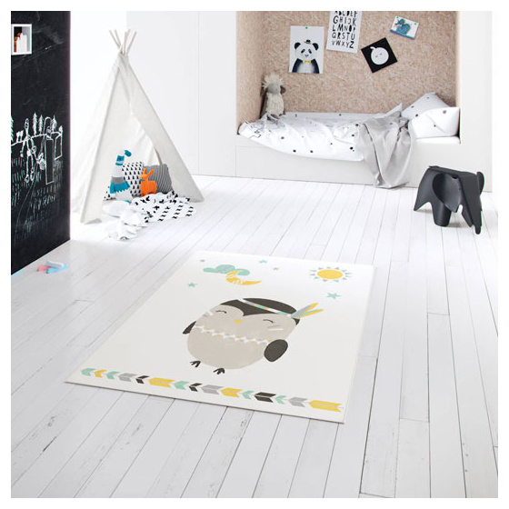 Tapis chambre d'enfant - chouette arya - crème et motifs colorés - 120 x 170 cm