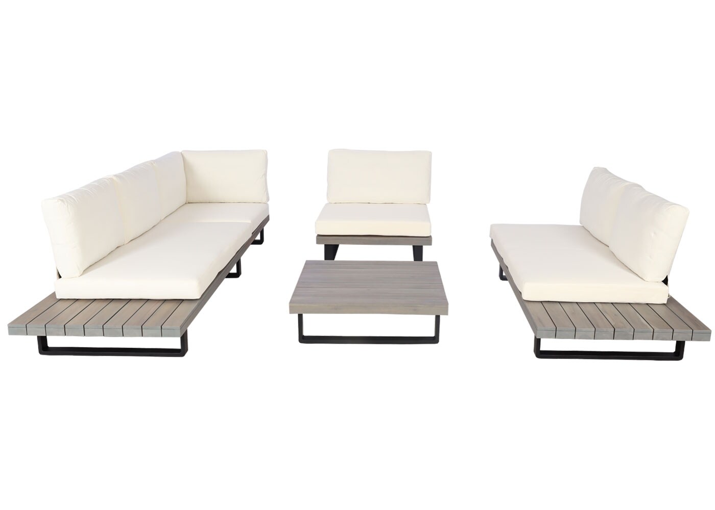 Garten-Garnitur mit Sessel MCW-H54, Lounge-Set Sofa, Spun Poly Akazie Holz MVG Aluminium ~ grau, Polster cremeweiß