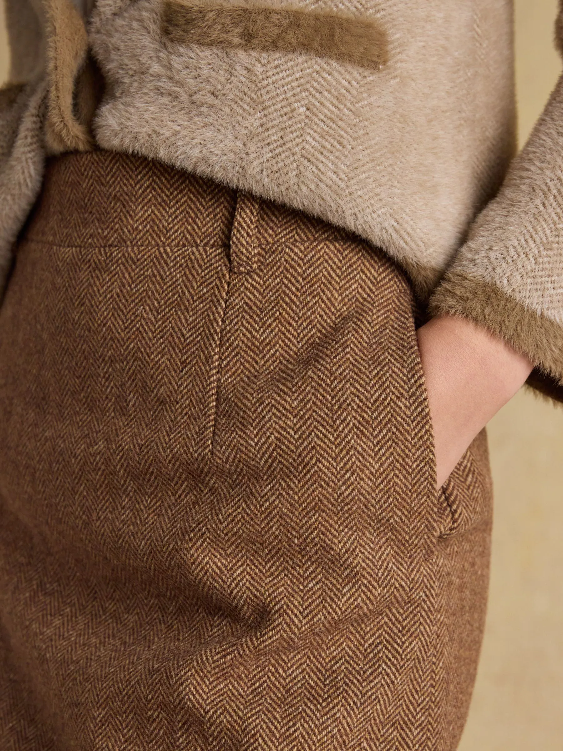 Tan Brown Herringbone - Joules Bramble Tweed Wool Blend Skirt