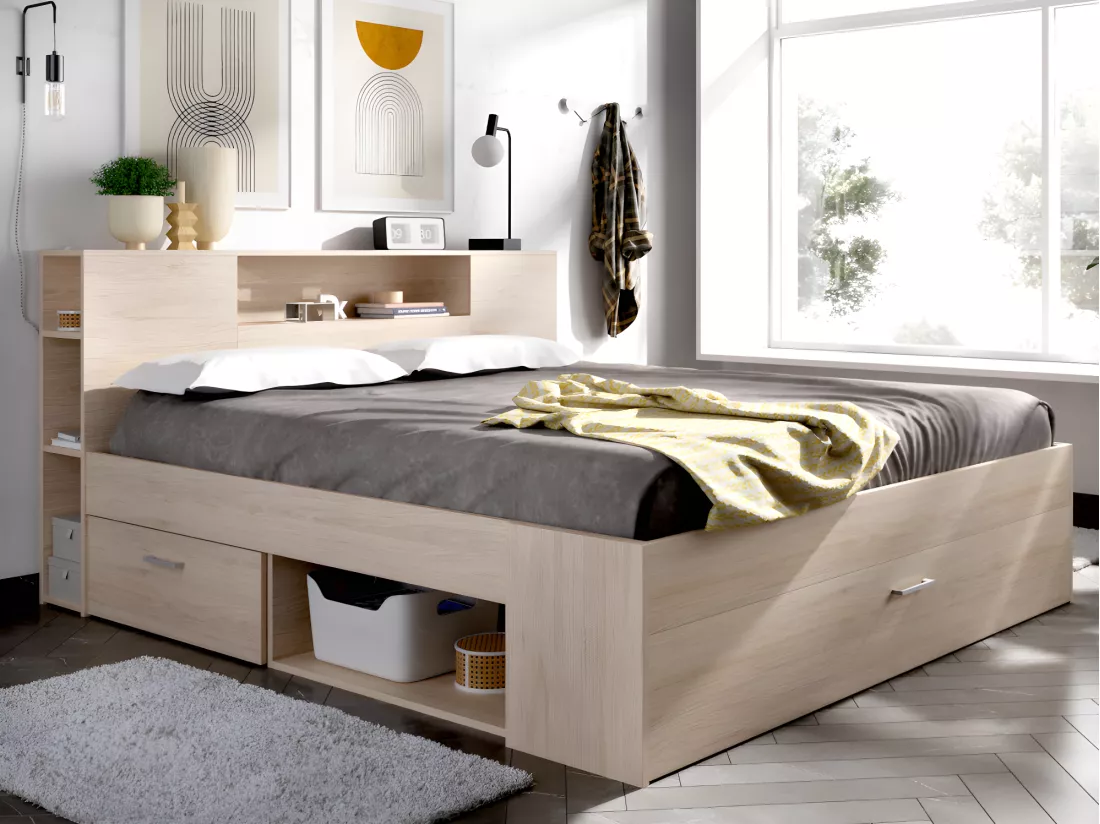 Lit avec tête de lit rangements et tiroirs - 140 x 190 cm - Coloris : Naturel et blanc + Chevets - LEANDRE