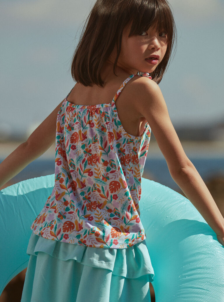 Débardeur et jupe short turquoise et orange en jersey