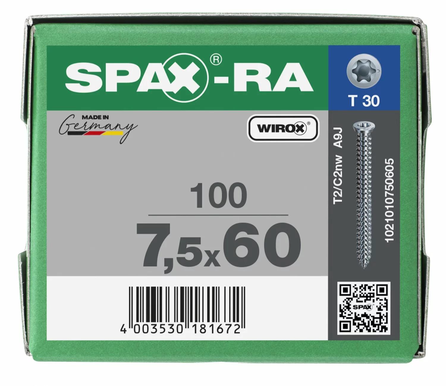 SPAX-Ra 1021010750605 Kozijnschroef, Platverzonken kop, 7.5 x 60, Voldraad, T-STAR plus TX30 - WIROX - 100 stuks