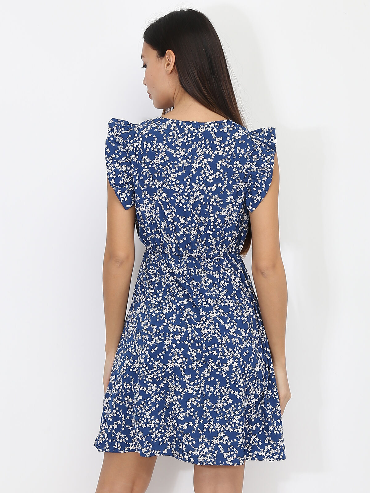 Robe évasée à fleurs et volants- Bleu