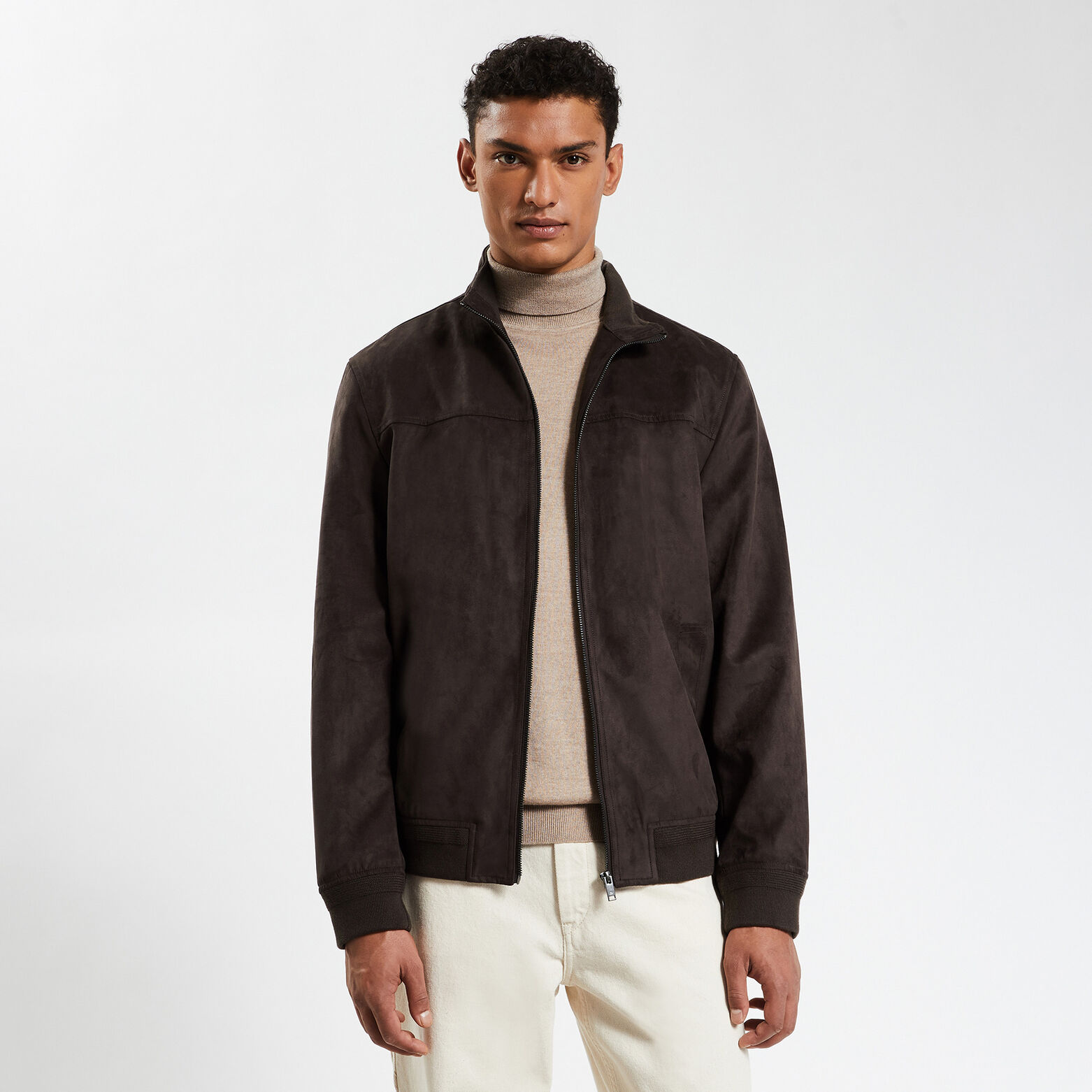 Blouson col montant aspect velours Marron