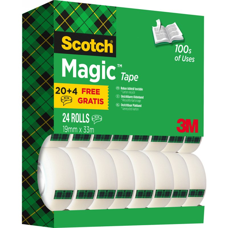 Pack 20 rubans adhésifs Scotch Magic invisible 33 m + 4 OFFERTS = Pour l'achat d'un pack de 20 rubans, 1 sachet de M&M OFFERT