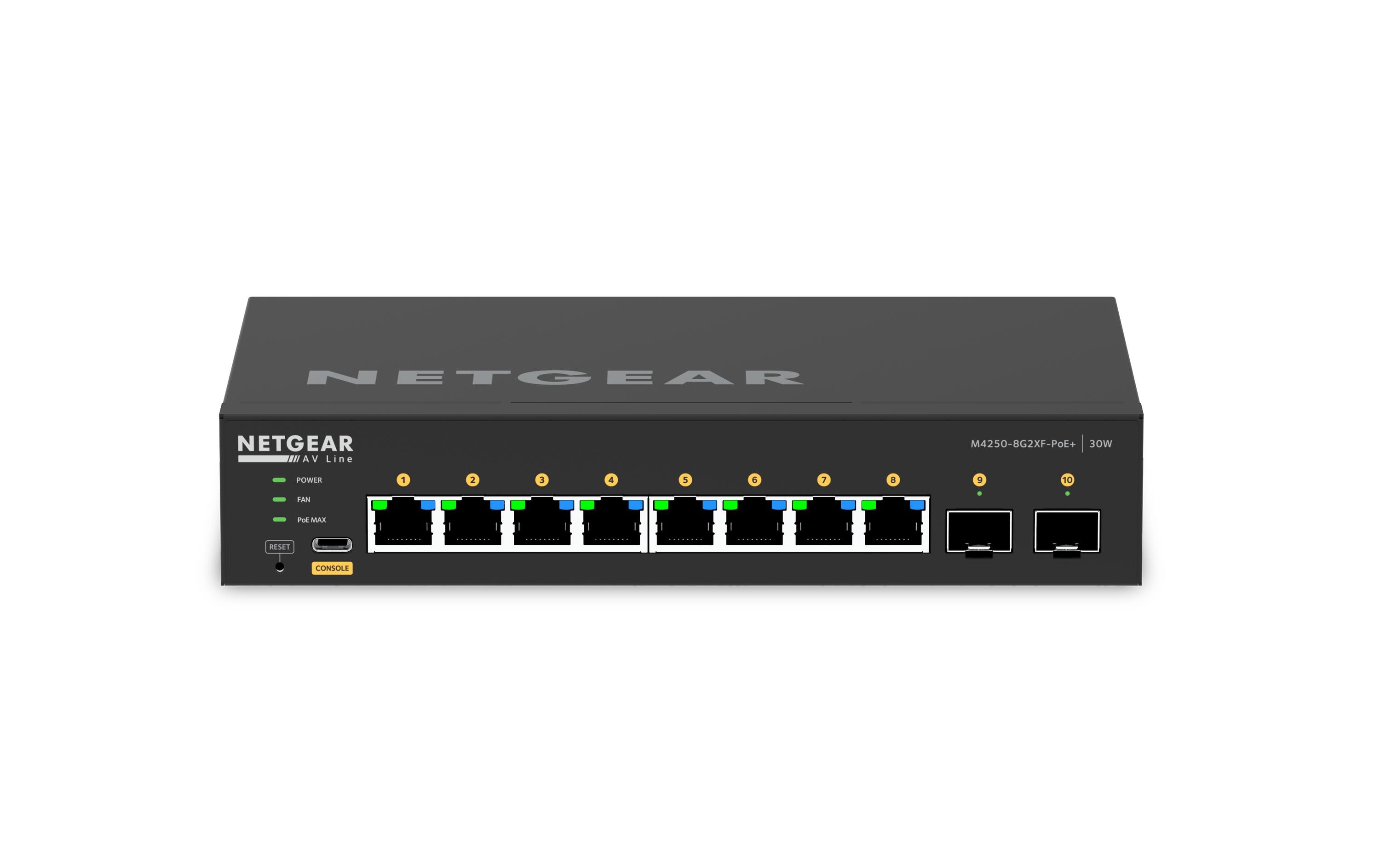 PoE+ Switch M4250-8G2XF-PoE+ 10 Port<br>NETGEAR AV Line M4250-8G2XF-PoE+ Fully Managed Desktop Switch (GSM4210PX)