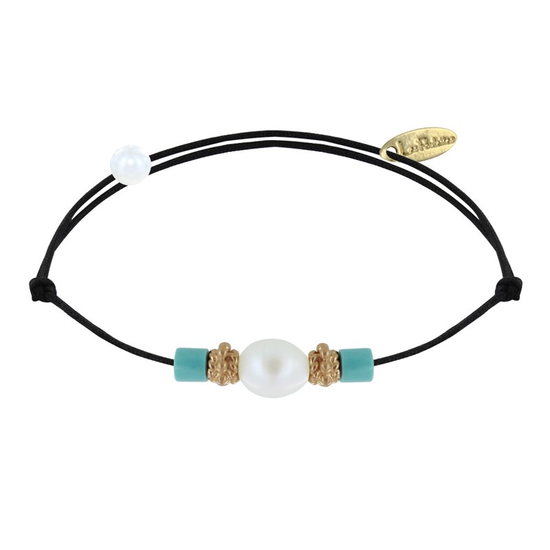 Bracelet Lien Perle de Culture Blanche Perles Plaqué Or et de Turquoise - Noir