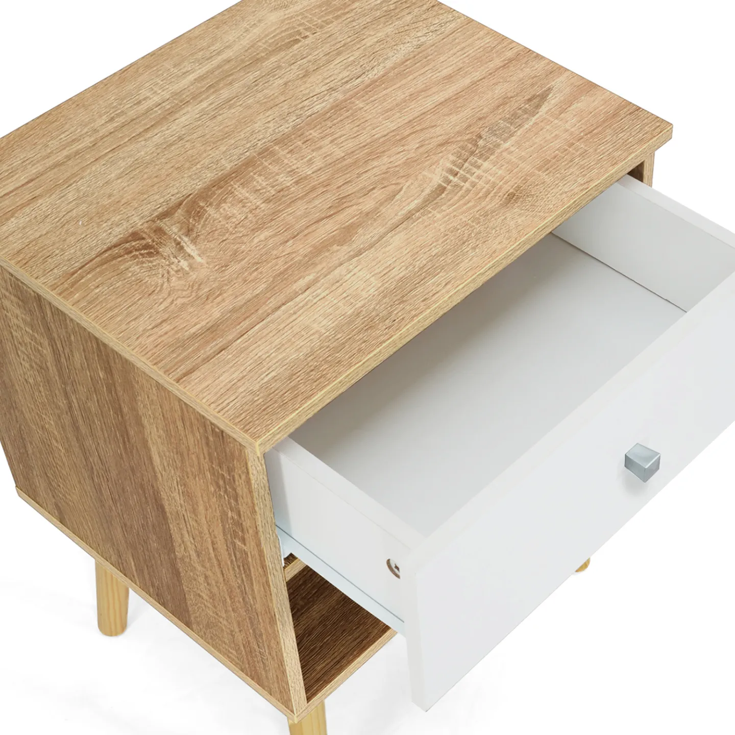 Lot de 2 tables de chevet EMMIE scandinaves 1 tiroir avec niche hêtre et blanc
