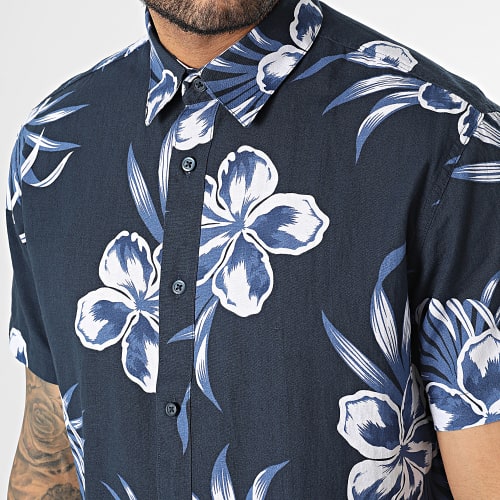 Chemise Manches Courtes Regular New-Linen Bleu Marine Blanc Floral