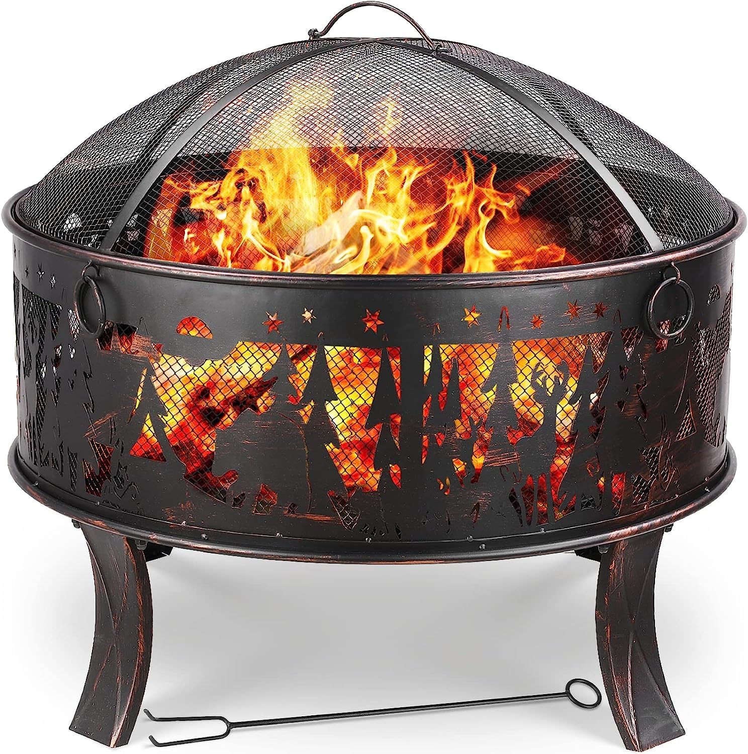 TLGREEN Feuerschalen, Feuerschale mit Funkenschutz, Feuerschale Garten Ø71x65cm, inkl. Poker & Kohlerost & 4 PCS Füße, Feuerkorb Retro-Look, Feuerstelle für Garten Camping Strand-Exquisites Elchmuster
